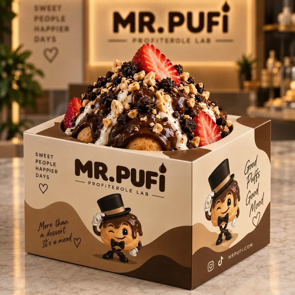 Official MR. PUFI bowl packaging with freshly assembled profiterole